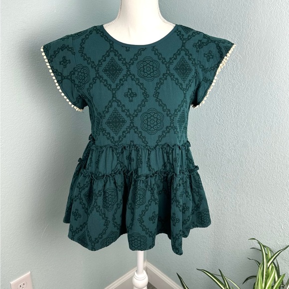 THML Blouse Size Small Emerald Green Peplum Pom Pom Trim Tassel Back Tie - Picture 2 of 10